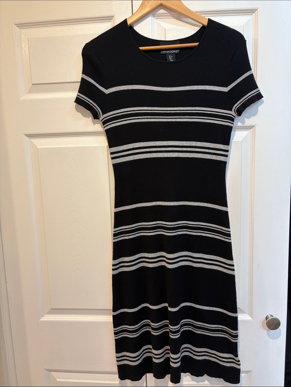 Cynthia Rowley Black Midi Dress with Gray Stripes